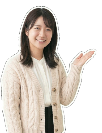 左手でこちらと指し示す女性